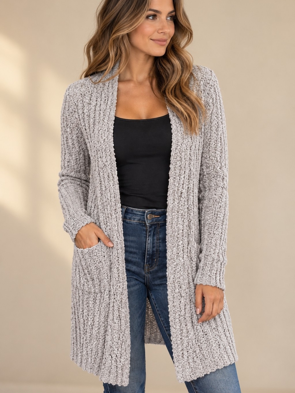 Sabrina Lauren Womans Medium Long Oversized Gray Chunky Knit Sweater Cardigan
